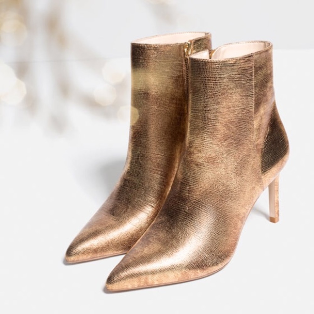 Zara shiny golden leather high heel ankle boots NWT